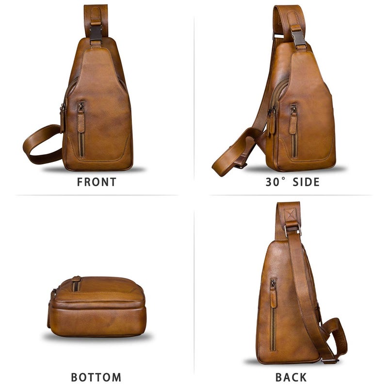 IVTG Genuine Leather Sling Bag for Men Chest Shoulder Crossbody Hiking Backpack Vintage Handmade Daypack (Brown) - Image 4